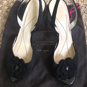 Black suede sling-backs with flower detail